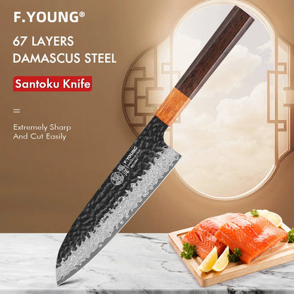 F.YOUNG 7" Japanese Santoku Knife 67 Layer Damascus Steel