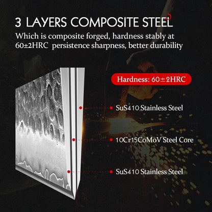 HEZHEN 6.8 Inches Nakiri Knife Three-layer Composite Steel Stainless Steel Red Wood Handle Kitchen Cooking Knives