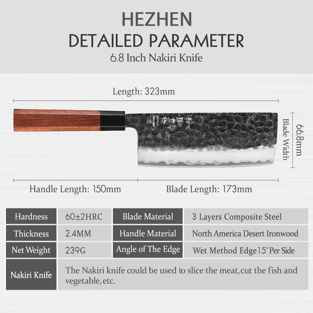 HEZHEN 6.8 Inches Nakiri Knife Three-layer Composite Steel Stainless Steel Red Wood Handle Kitchen Cooking Knives