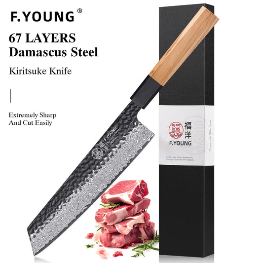 F.YOUNG 8.2" Japanese Style Professional Chef Knife Meat Vegetable Cleaver Hand Forged Damascus Steel Kitchen Kiritsuke Knives
