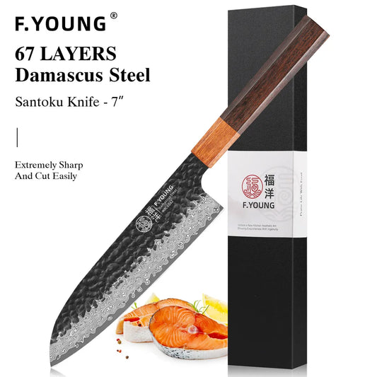 F.YOUNG 7" Japanese Santoku Knife 67 Layer Damascus Steel Sharp Meat Vegetable Cleaver Handmade Kitchen Professional Chef Knives
