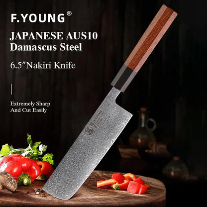 F.YOUNG 6.5" Japanese Nakiri Knife 65 Layer Damascus Steel