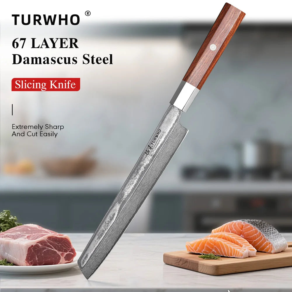 TURWHO 8.5" Slicing Knife Damascus Steel Carving Knives Sashimi Meat Cleaver Professional Kitchen Japanese Handmade Chef Knifes