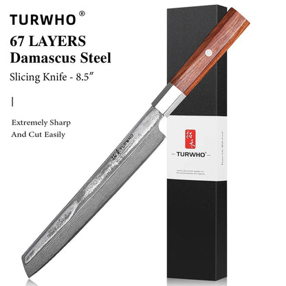 TURWHO 8.5" Slicing Knife Damascus Steel Carving Knives Sashimi Meat Cleaver Professional Kitchen Japanese Handmade Chef Knifes