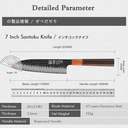 F.YOUNG 7" Japanese Santoku Knife 67 Layer Damascus Steel