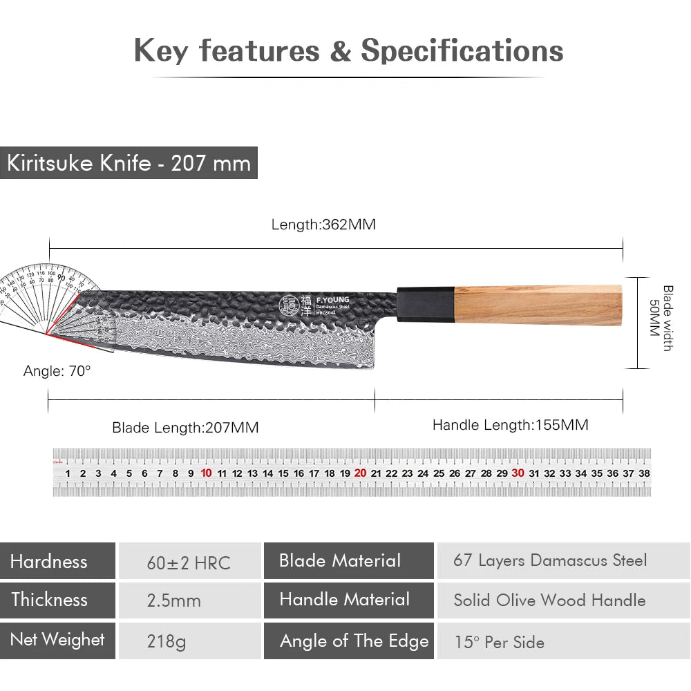 F.YOUNG 8.2" Japanese Hand Forged Damascus Steel Kiritsuke Knives