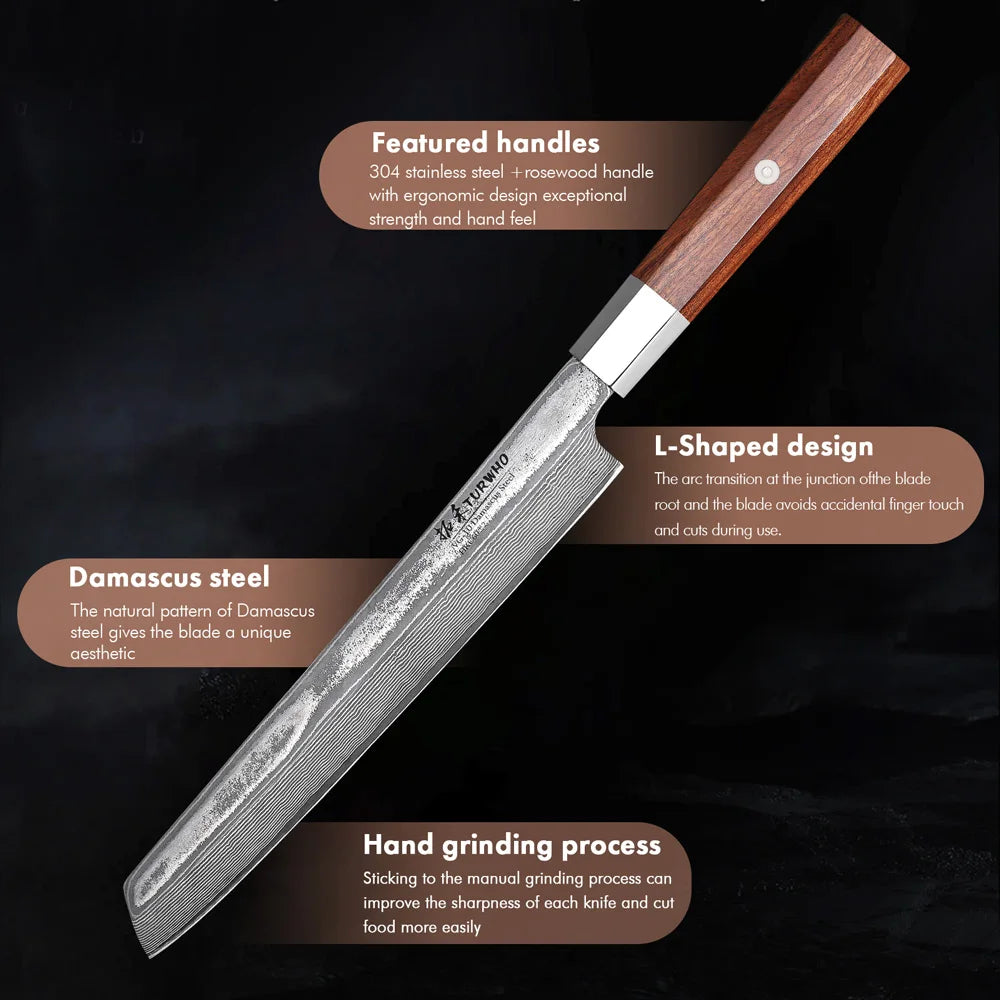 TURWHO 8.5" Slicing Knife Damascus Steel Carving Knives Sashimi Meat Cleaver Professional Kitchen Japanese Handmade Chef Knifes
