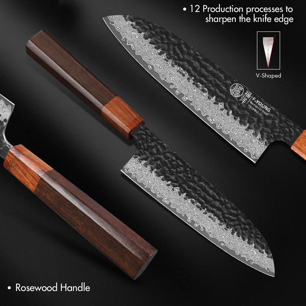 F.YOUNG 7" Japanese Santoku Knife 67 Layer Damascus Steel
