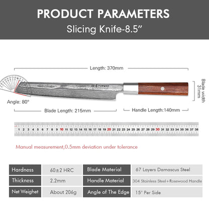 TURWHO 8.5" Slicing Knife Damascus Steel Carving Knives Sashimi Meat Cleaver Professional Kitchen Japanese Handmade Chef Knifes