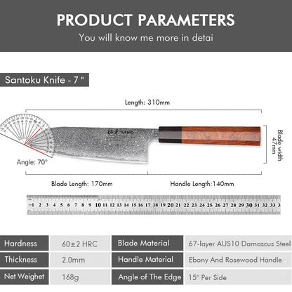 TURWHO 7" Santoku Knife Japanese Damascus Steel Kitchen Chef Knives Sharp Handmade Blade Cooking Tools Classic Octagonal Handle