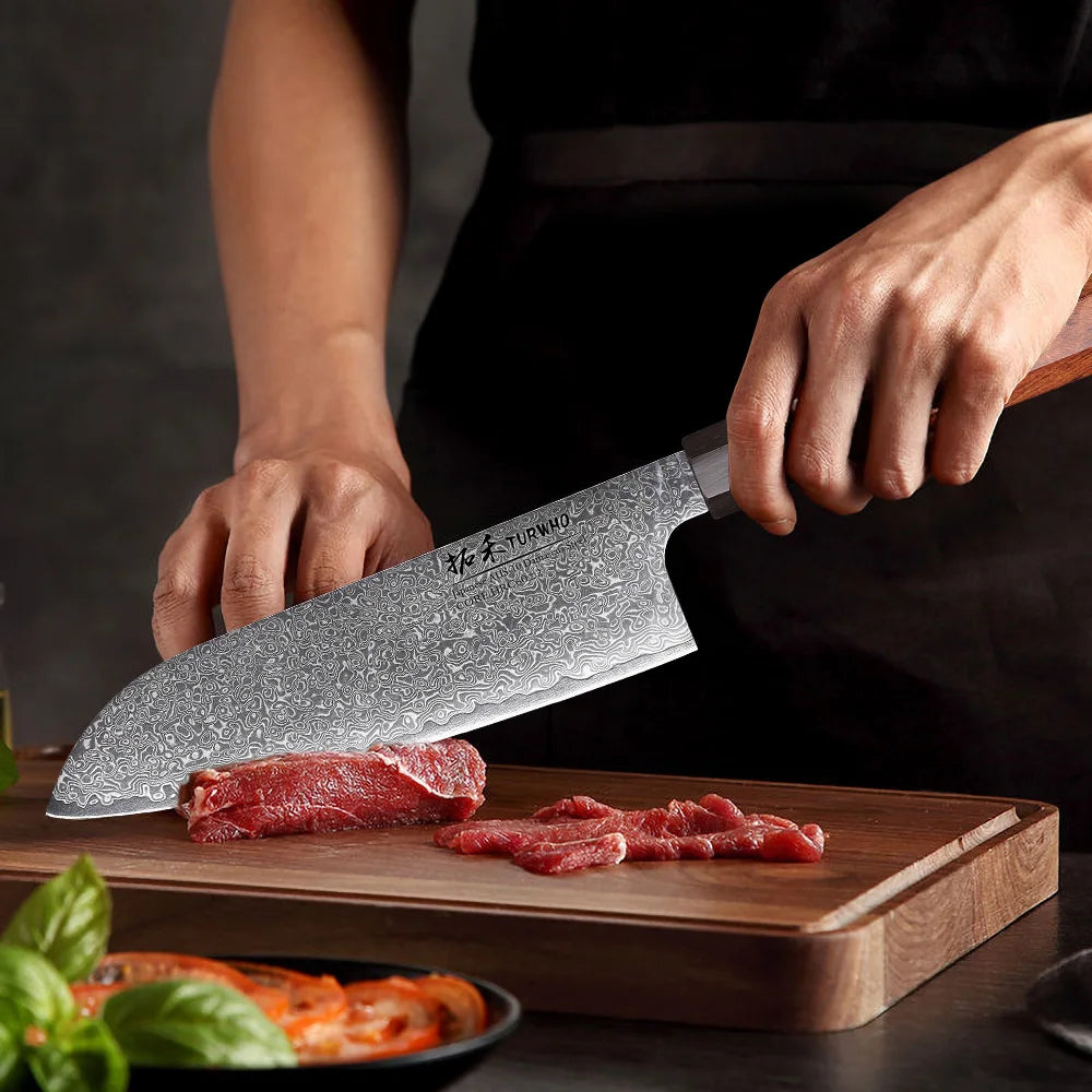 TURWHO 7" Santoku Knife Japanese Damascus Steel Kitchen Chef Knives Sharp Handmade Blade Cooking Tools Classic Octagonal Handle
