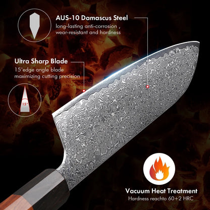 TURWHO 7" Santoku Knife Japanese Damascus Steel Kitchen Chef Knives Sharp Handmade Blade Cooking Tools Classic Octagonal Handle
